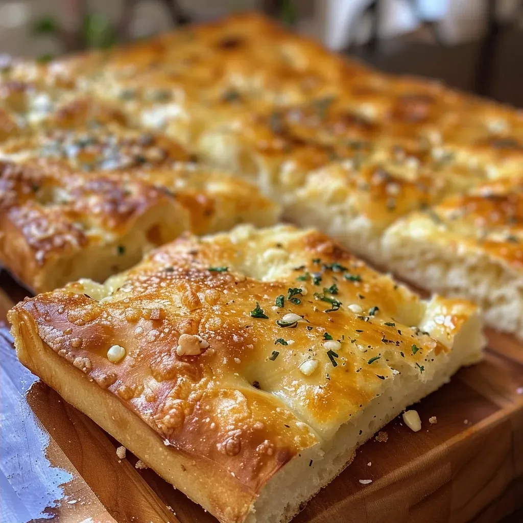 ['Close-up view of a crispy garlic bread focaccia with herbs.', 'Side angle of a golden-brown garlic bread focaccia, topped with parsley.', 'Detailed shot of garlic bread focaccia showcasing its buttery texture.', 'Juicy garlic bread focaccia with a sprinkle of flaky sea salt and herbs.']