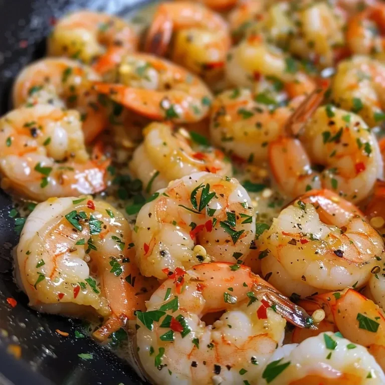 ['Close-up view of juicy garlic butter shrimp, garnished with fresh parsley on a plate.', 'Side view of succulent shrimp cooked in garlic butter, highlighted with lemon and herbs.', 'Detailed shot of shrimp in a garlic butter sauce, showcasing minced garlic and red pepper flakes.', 'Tasty garlic butter shrimp dish, emphasizing rich sauce and vibrant parsley garnish.']