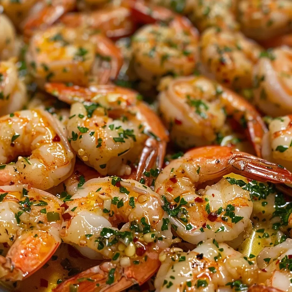 ['Close-up view of juicy garlic butter shrimp, garnished with fresh parsley on a plate.', 'Side view of succulent shrimp cooked in garlic butter, highlighted with lemon and herbs.', 'Detailed shot of shrimp in a garlic butter sauce, showcasing minced garlic and red pepper flakes.', 'Tasty garlic butter shrimp dish, emphasizing rich sauce and vibrant parsley garnish.']