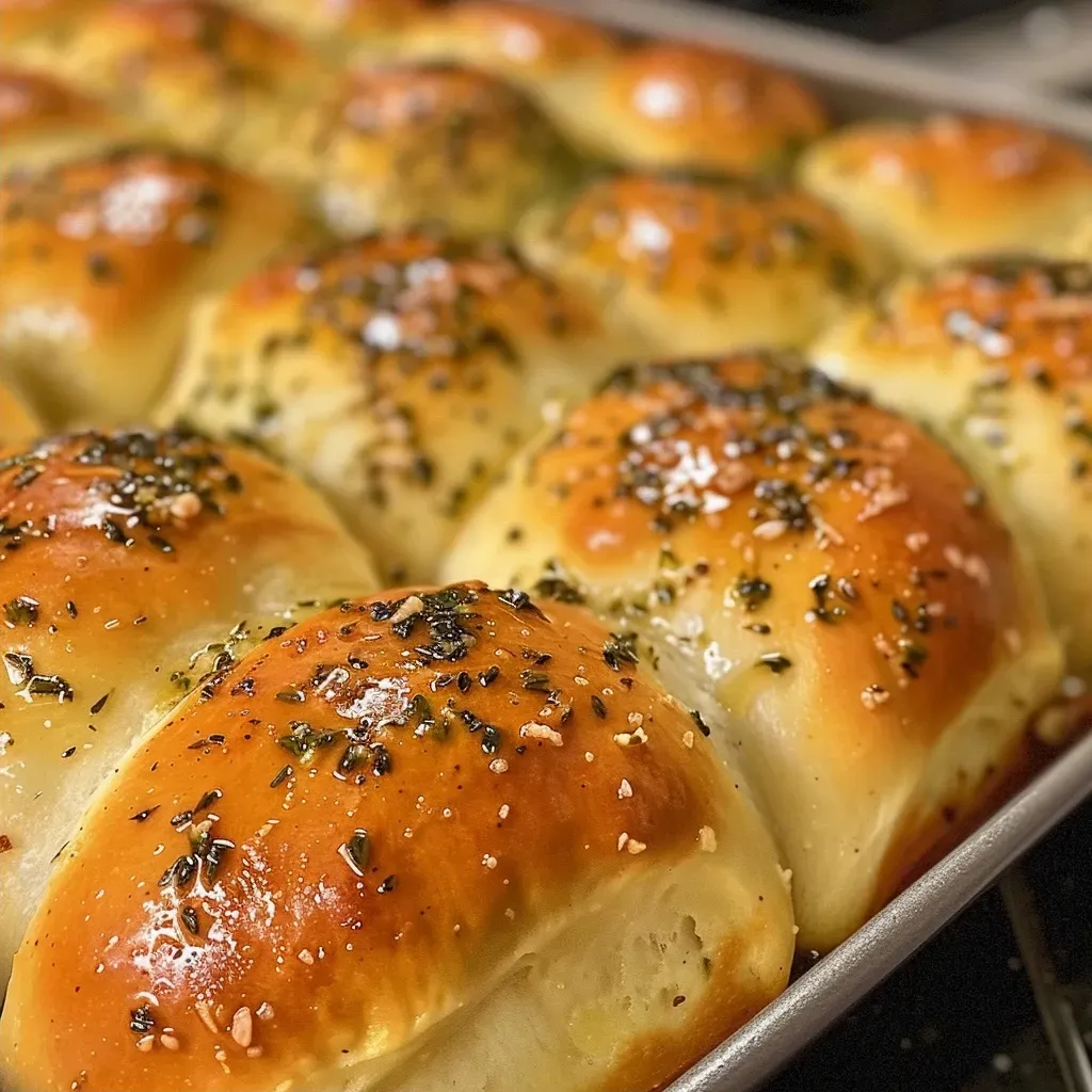 ['Close-up side view of golden brown garlic herb dinner rolls, showcasing a soft and fluffy texture.', 'Juicy garlic herb dinner rolls arranged on a rustic wooden surface, glistening with melted butter.', 'Freshly baked garlic herb dinner rolls with herbs visible on top, highlighting their delicious appeal.', 'A tempting display of garlic herb dinner rolls with a soft crust, captured in natural light.']