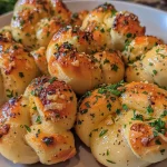 ['Close-up of golden-brown garlic knots with a glossy finish and herbs.', 'Juicy garlic knots sprinkled with fresh parsley and garlic pieces, side view.', 'Soft and fluffy garlic knots coated in melted butter and minced garlic.', 'Appetizing garlic knots displayed in a rustic setting, highlighting their texture.']