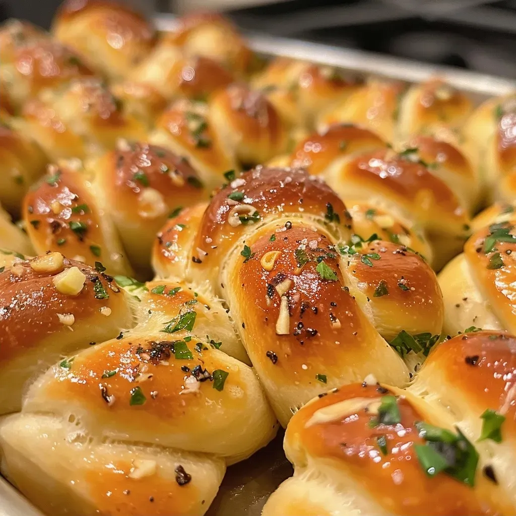 ['Close-up of golden-brown garlic knots with a glossy finish and herbs.', 'Juicy garlic knots sprinkled with fresh parsley and garlic pieces, side view.', 'Soft and fluffy garlic knots coated in melted butter and minced garlic.', 'Appetizing garlic knots displayed in a rustic setting, highlighting their texture.']