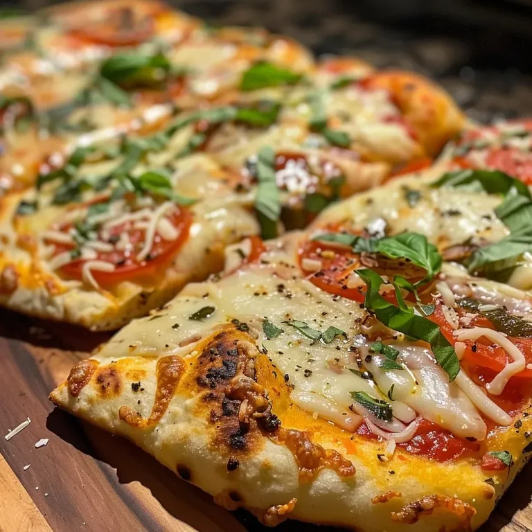 ['Close-up view of Garlic Naan Flatbread Pizza topped with melted cheese and pepperoni.', 'Side view of a delicious flatbread pizza featuring garlic naan crust, cheese, and spices.', 'Juicy Garlic Naan Pizza topped with mozzarella, Parmesan, and fresh basil leaves.', 'A tempting slice of Garlic Naan Flatbread Pizza with savory toppings and herbs.']