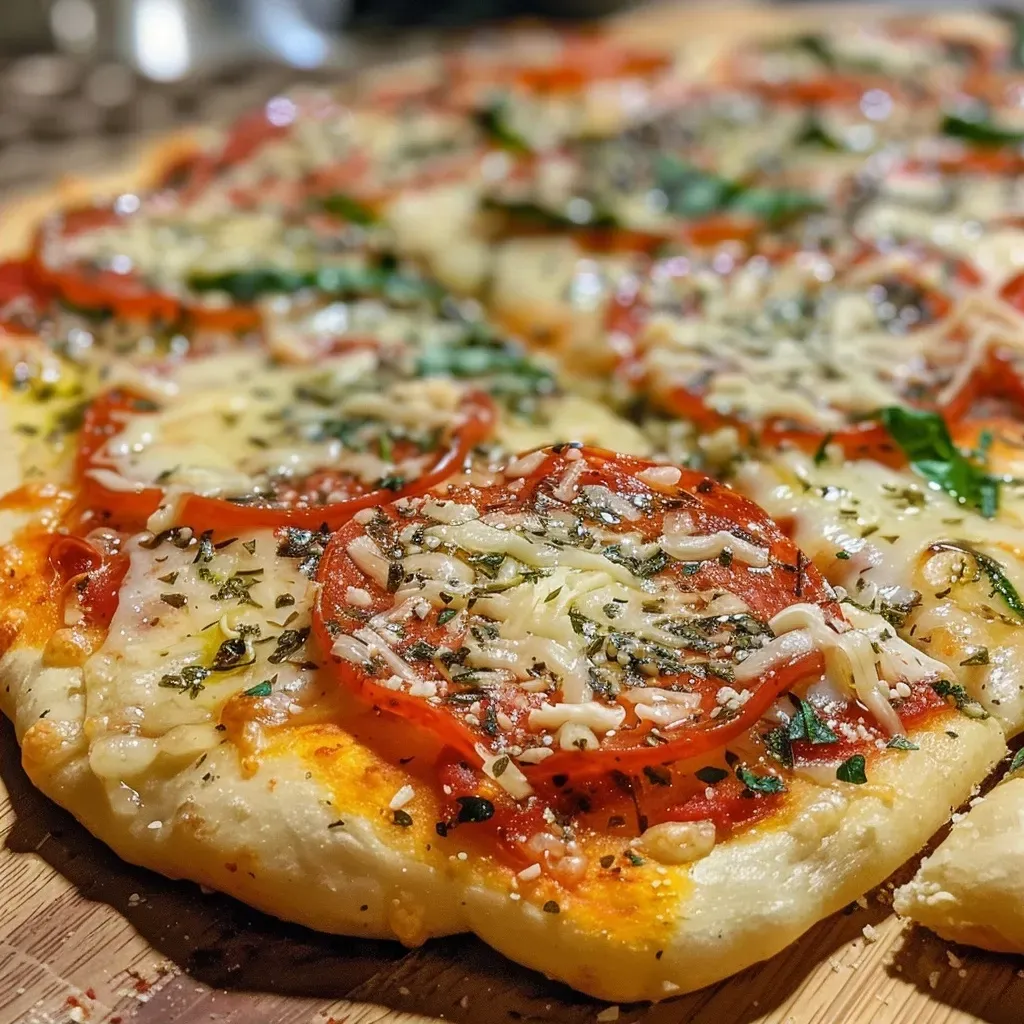['Close-up view of Garlic Naan Flatbread Pizza topped with melted cheese and pepperoni.', 'Side view of a delicious flatbread pizza featuring garlic naan crust, cheese, and spices.', 'Juicy Garlic Naan Pizza topped with mozzarella, Parmesan, and fresh basil leaves.', 'A tempting slice of Garlic Naan Flatbread Pizza with savory toppings and herbs.']