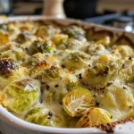 ['Close-up of creamy Brussels sprouts au gratin, topped with melted cheese.', 'Side view of garlicky Brussels sprouts au gratin with a golden crust.', 'Juicy Brussels sprouts au gratin showcasing layers of cheese and garlic.', 'Detailed view of Brussels sprouts au gratin, highlighting the creamy texture.']