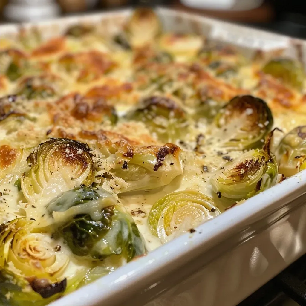 ['Close-up of creamy Brussels sprouts au gratin, topped with melted cheese.', 'Side view of garlicky Brussels sprouts au gratin with a golden crust.', 'Juicy Brussels sprouts au gratin showcasing layers of cheese and garlic.', 'Detailed view of Brussels sprouts au gratin, highlighting the creamy texture.']