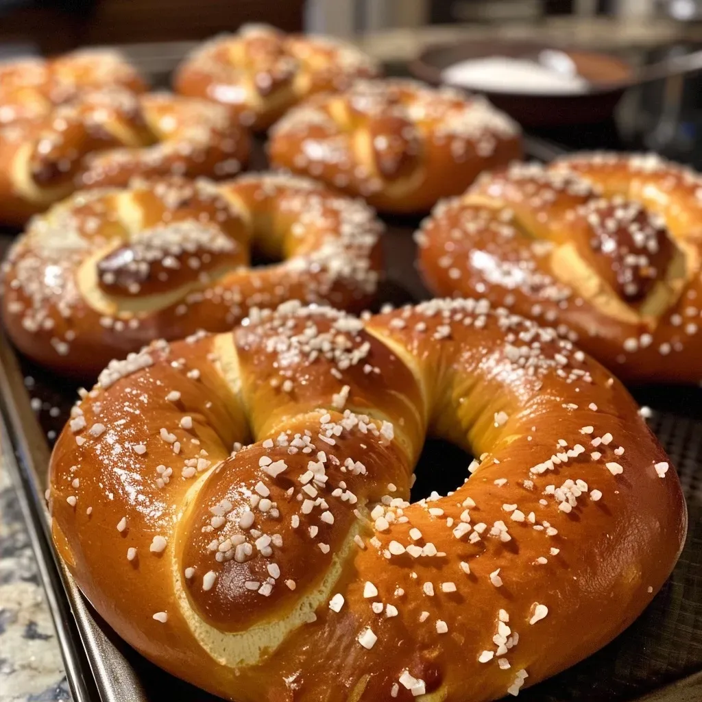 ['Close-up view of golden brown German soft pretzels with a shiny crust.', 'Juicy German soft pretzels displayed on a wooden board, showcasing their twisted shape.', 'Freshly baked German soft pretzels, perfectly salted and ready to eat.', 'Side view of soft pretzels with a rich golden color, highlighting their texture.']