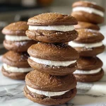 ['Close-up view of a Gingerbread Whoopie Pie showing its rich, spiced filling.', 'Side profile of a Gingerbread Whoopie Pie with cream cheese filling, highlighting its texture.', 'Juicy Gingerbread Whoopie Pie nestled on a plate, showcasing its warm brown color and creamy center.', 'Detailed image of a Gingerbread Whoopie Pie, featuring a smooth cream filling between two soft cookies.']