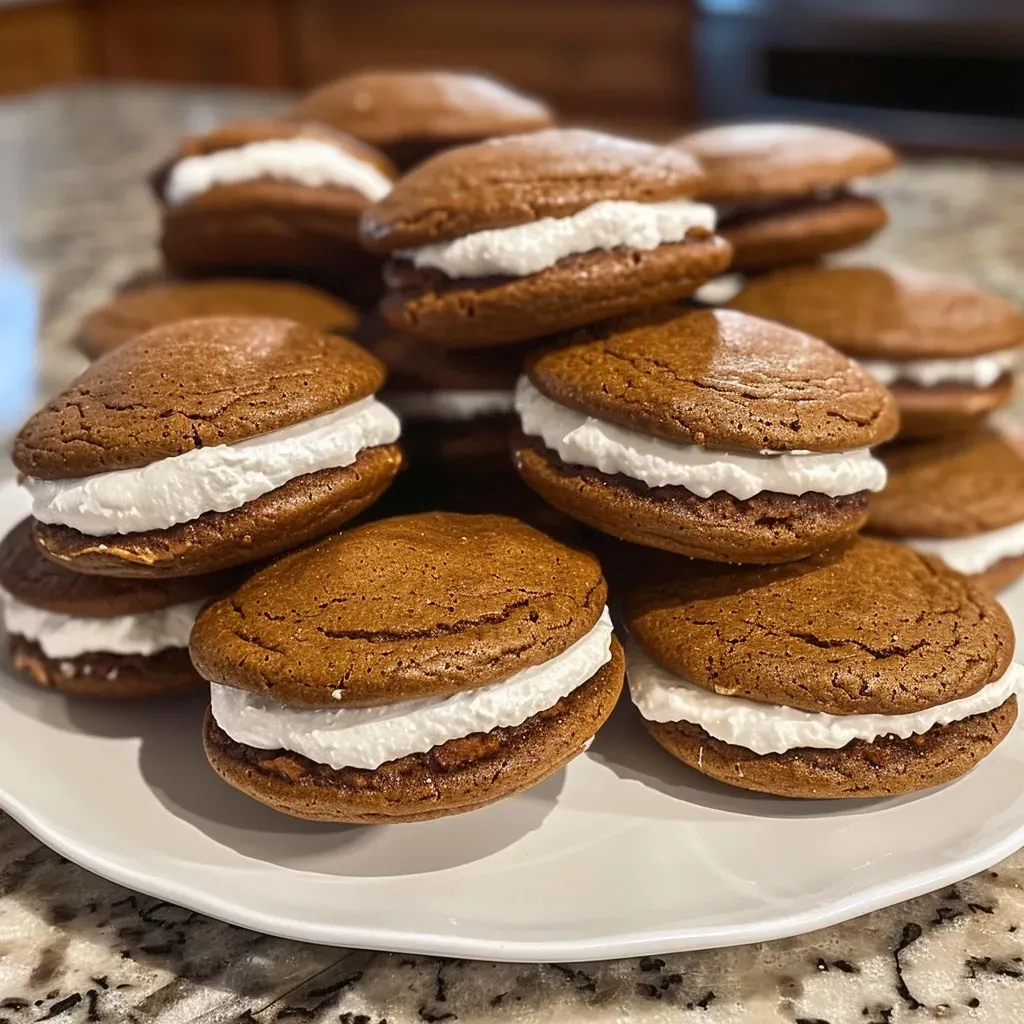 ['Close-up view of a Gingerbread Whoopie Pie showing its rich, spiced filling.', 'Side profile of a Gingerbread Whoopie Pie with cream cheese filling, highlighting its texture.', 'Juicy Gingerbread Whoopie Pie nestled on a plate, showcasing its warm brown color and creamy center.', 'Detailed image of a Gingerbread Whoopie Pie, featuring a smooth cream filling between two soft cookies.']