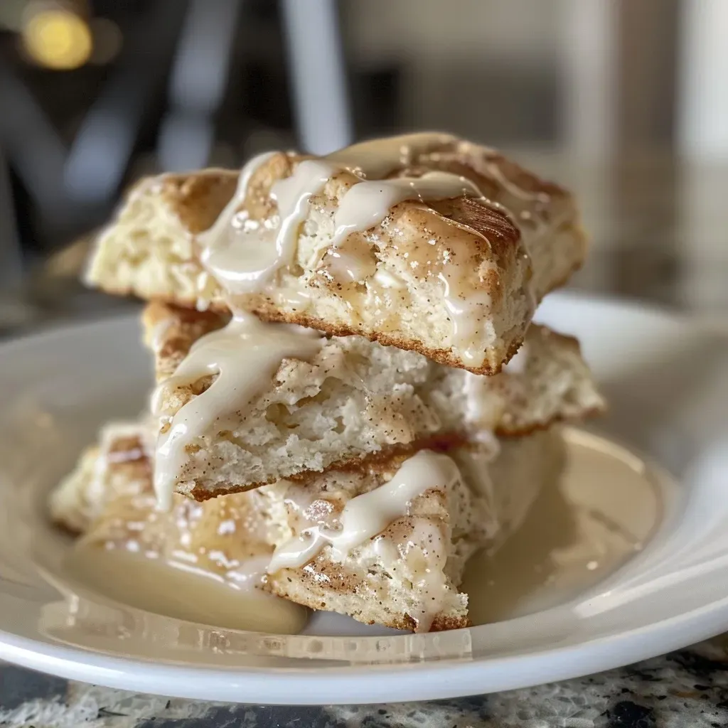 ['Close-up view of glazed cinnamon scones with a golden-brown exterior and a shiny glaze on top.', 'Side view of freshly baked cinnamon scones, glistening with a sweet glaze and sprinkled with cinnamon.', 'Mouthwatering glazed cinnamon scones, showcasing their flaky texture and juicy filling.', 'Detailed image of warm cinnamon scones with a glossy icing, highlighting the layers of flaky pastry.']