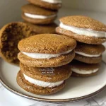 ['Close-up of two soft gluten-free gingerbread whoopie pies filled with cream.', 'Side view showing a juicy gluten-free gingerbread whoopie pie with cream cheese filling.', 'Detailed shot of moist gluten-free gingerbread whoopie pies, highlighting the texture and filling.', 'Close-up of stacked gingerbread whoopie pies, revealing creamy dairy-free filling.']