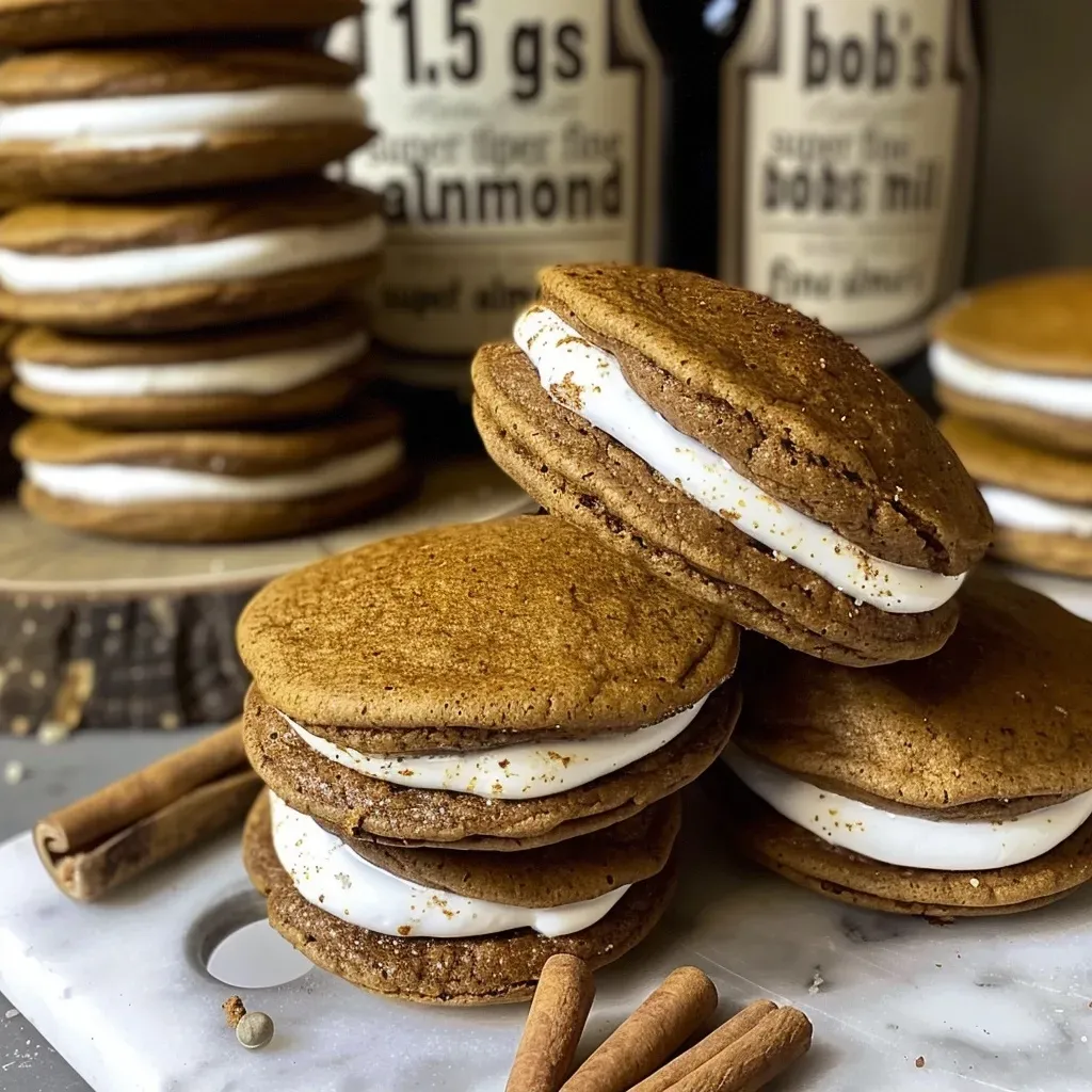 ['Close-up of two soft gluten-free gingerbread whoopie pies filled with cream.', 'Side view showing a juicy gluten-free gingerbread whoopie pie with cream cheese filling.', 'Detailed shot of moist gluten-free gingerbread whoopie pies, highlighting the texture and filling.', 'Close-up of stacked gingerbread whoopie pies, revealing creamy dairy-free filling.']