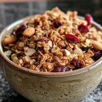 ['Close-up view of gluten-free cranberry almond granola with visible oats and almonds.', 'Side view of a bowl filled with colorful gluten-free granola featuring cranberries and almonds.', 'Detailed shot of golden-brown granola clusters with dried cranberries and sliced almonds.', 'Freshly made gluten-free granola in a bowl, highlighting the ingredients like oats and nuts.']