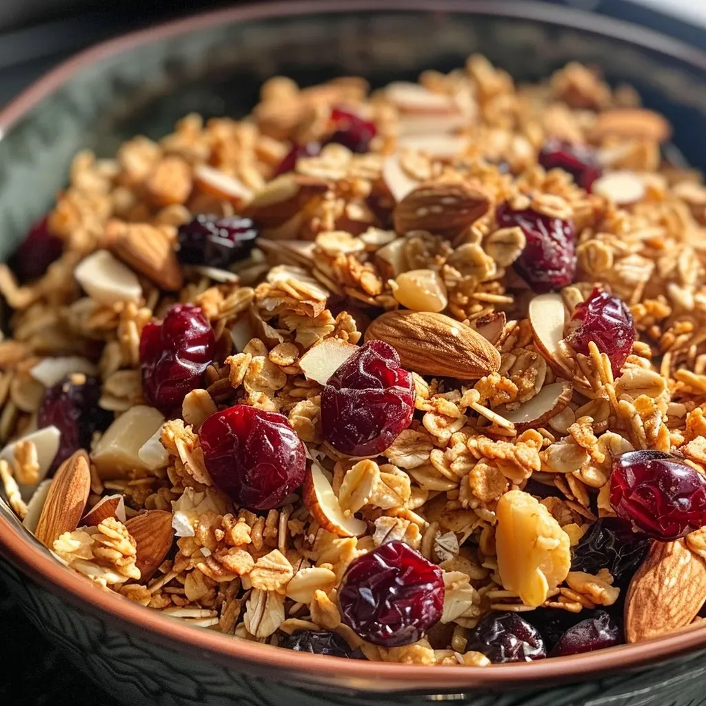 ['Close-up view of gluten-free cranberry almond granola with visible oats and almonds.', 'Side view of a bowl filled with colorful gluten-free granola featuring cranberries and almonds.', 'Detailed shot of golden-brown granola clusters with dried cranberries and sliced almonds.', 'Freshly made gluten-free granola in a bowl, highlighting the ingredients like oats and nuts.']
