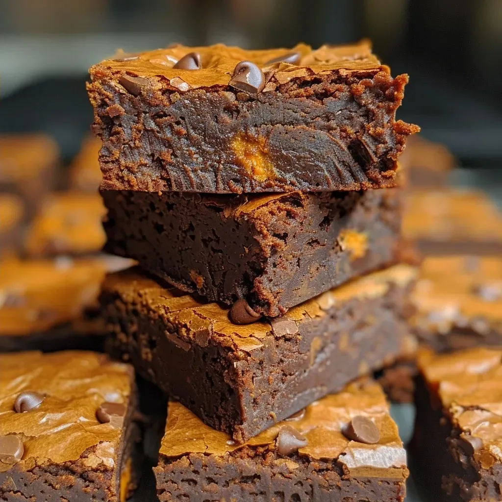 ['Close-up view of a slice of gluten-free pumpkin brownie with chocolate chunks.', 'Side view of a moist gluten-free pumpkin brownie on a white plate.', 'Juicy gluten-free pumpkin brownie showcasing rich chocolate pieces.', 'Delicious gluten-free pumpkin brownies seen from the side with a light glaze.']