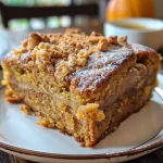 ['Close-up of a moist gluten-free pumpkin coffee cake with a golden-brown crust.', 'Side view of a decadent gluten-free pumpkin coffee cake, showcasing its rich texture.', 'Detailed image of gluten-free pumpkin coffee cake topped with a hint of cinnamon.', 'Delicious gluten-free pumpkin coffee cake, highlighting the fluffy layers and warm color.']
