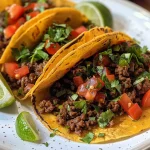 ['A close-up side view of ground beef tacos filled with meat and toppings.', 'Juicy ground beef tacos displayed in a soft taco shell, garnished with fresh ingredients.', 'A detailed shot of ground beef tacos with vibrant toppings and a crispy shell.', 'Close-up image of delicious ground beef tacos, showcasing the filling and taco shell.']
