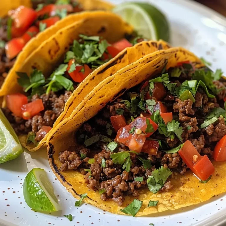 ['A close-up side view of ground beef tacos filled with meat and toppings.', 'Juicy ground beef tacos displayed in a soft taco shell, garnished with fresh ingredients.', 'A detailed shot of ground beef tacos with vibrant toppings and a crispy shell.', 'Close-up image of delicious ground beef tacos, showcasing the filling and taco shell.']