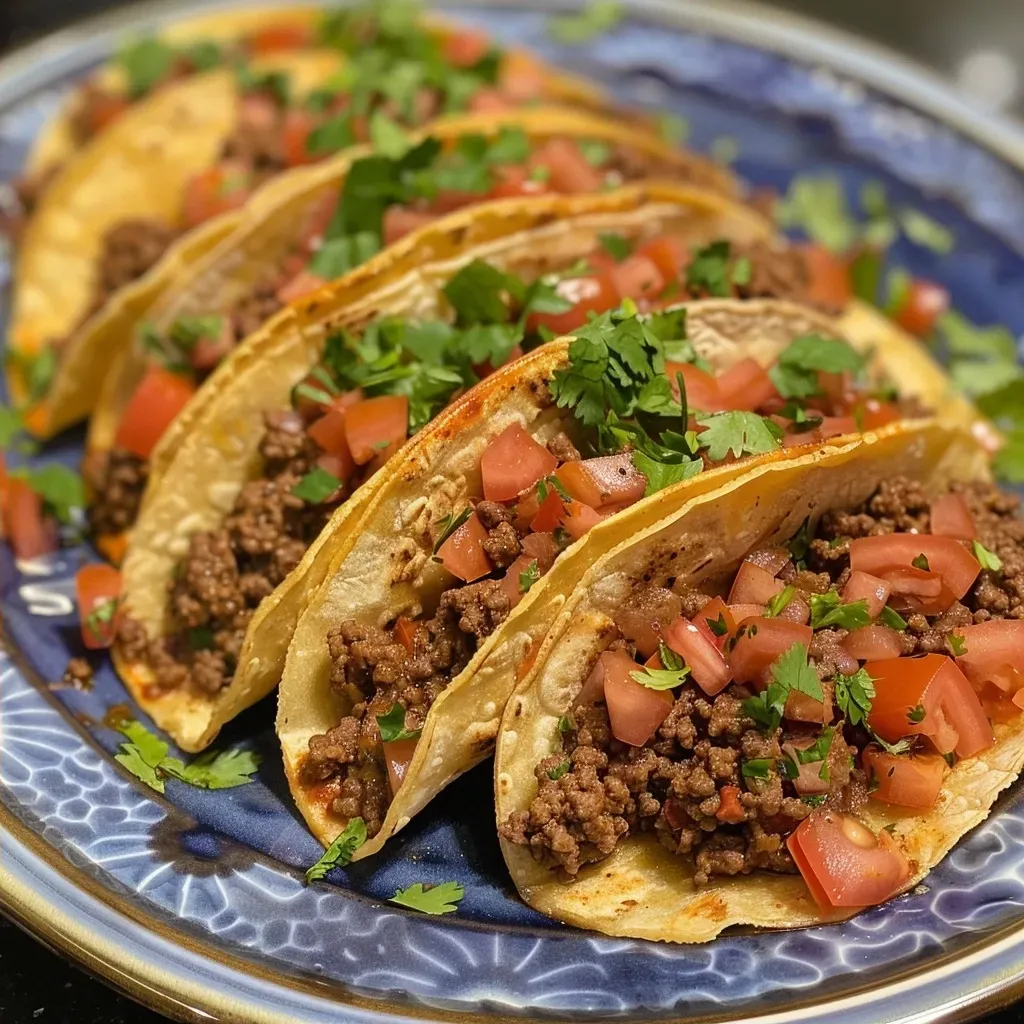['A close-up side view of ground beef tacos filled with meat and toppings.', 'Juicy ground beef tacos displayed in a soft taco shell, garnished with fresh ingredients.', 'A detailed shot of ground beef tacos with vibrant toppings and a crispy shell.', 'Close-up image of delicious ground beef tacos, showcasing the filling and taco shell.']