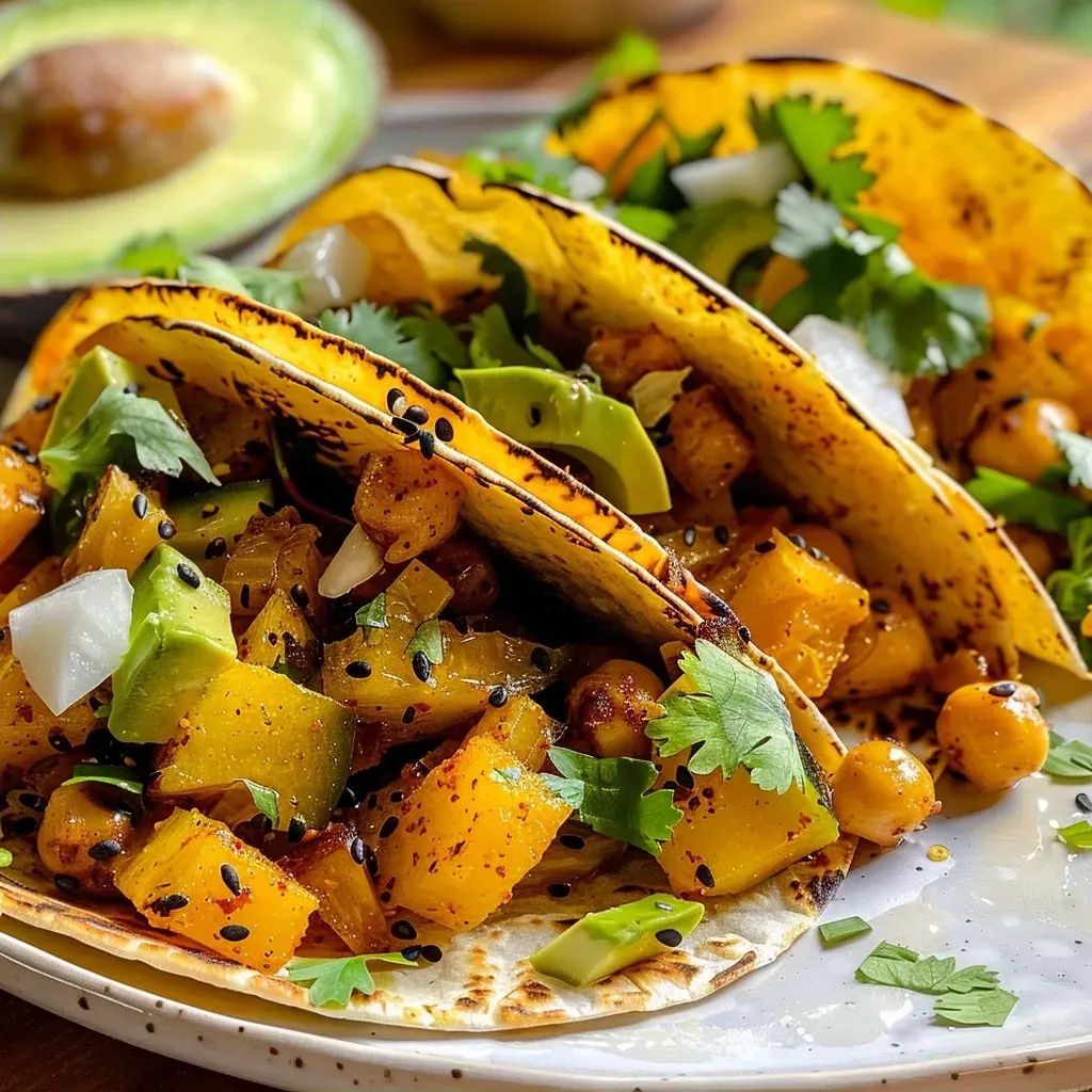['Close-up view of Harissa Miso Delicata Squash Tacos with vibrant colors and textures.', 'Side view of delicious Harissa Miso Delicata Squash Tacos garnished with avocado and salsa.', 'Juicy Harissa Miso Delicata Squash Tacos displayed on a plate, highlighting their ingredients.', 'Colorful arrangement of Delicata Squash Tacos topped with fresh avocado and salsa.']