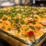 ['Close-up side view of a delicious hashbrown casserole topped with melted cheese.', 'Juicy hashbrown casserole with diced sausage and vibrant bell peppers, captured in detail.', 'A hearty serving of hashbrown casserole showcasing its creamy texture and golden crust.', 'Side view of a cheesy hashbrown casserole filled with sausage and vegetables, garnished with parsley.']