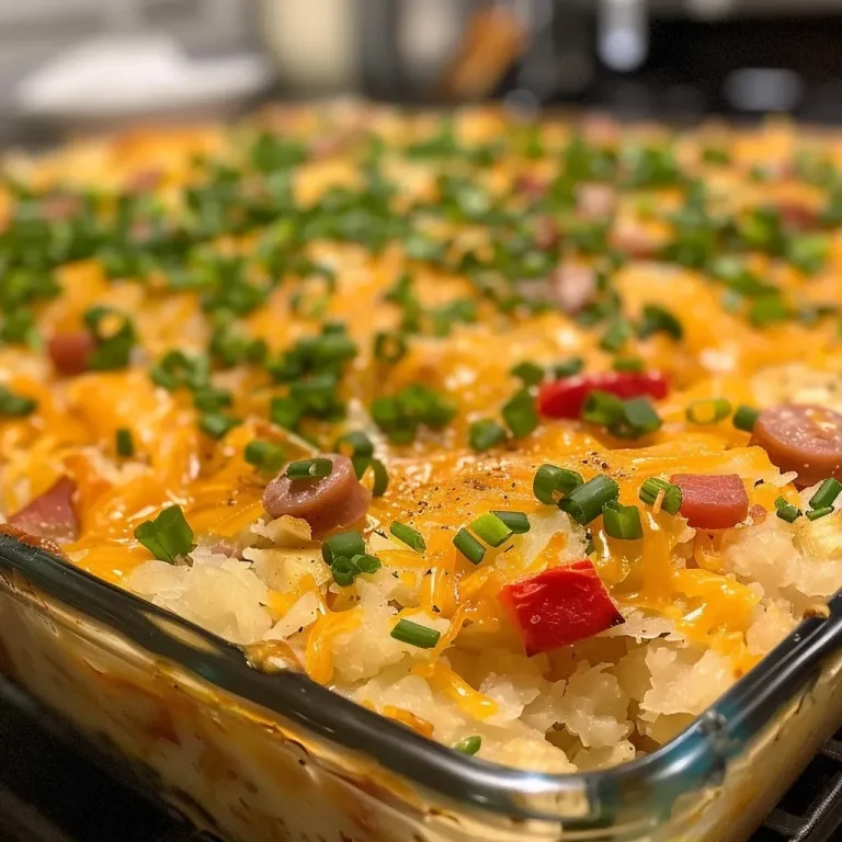 ['Close-up side view of a delicious hashbrown casserole topped with melted cheese.', 'Juicy hashbrown casserole with diced sausage and vibrant bell peppers, captured in detail.', 'A hearty serving of hashbrown casserole showcasing its creamy texture and golden crust.', 'Side view of a cheesy hashbrown casserole filled with sausage and vegetables, garnished with parsley.']