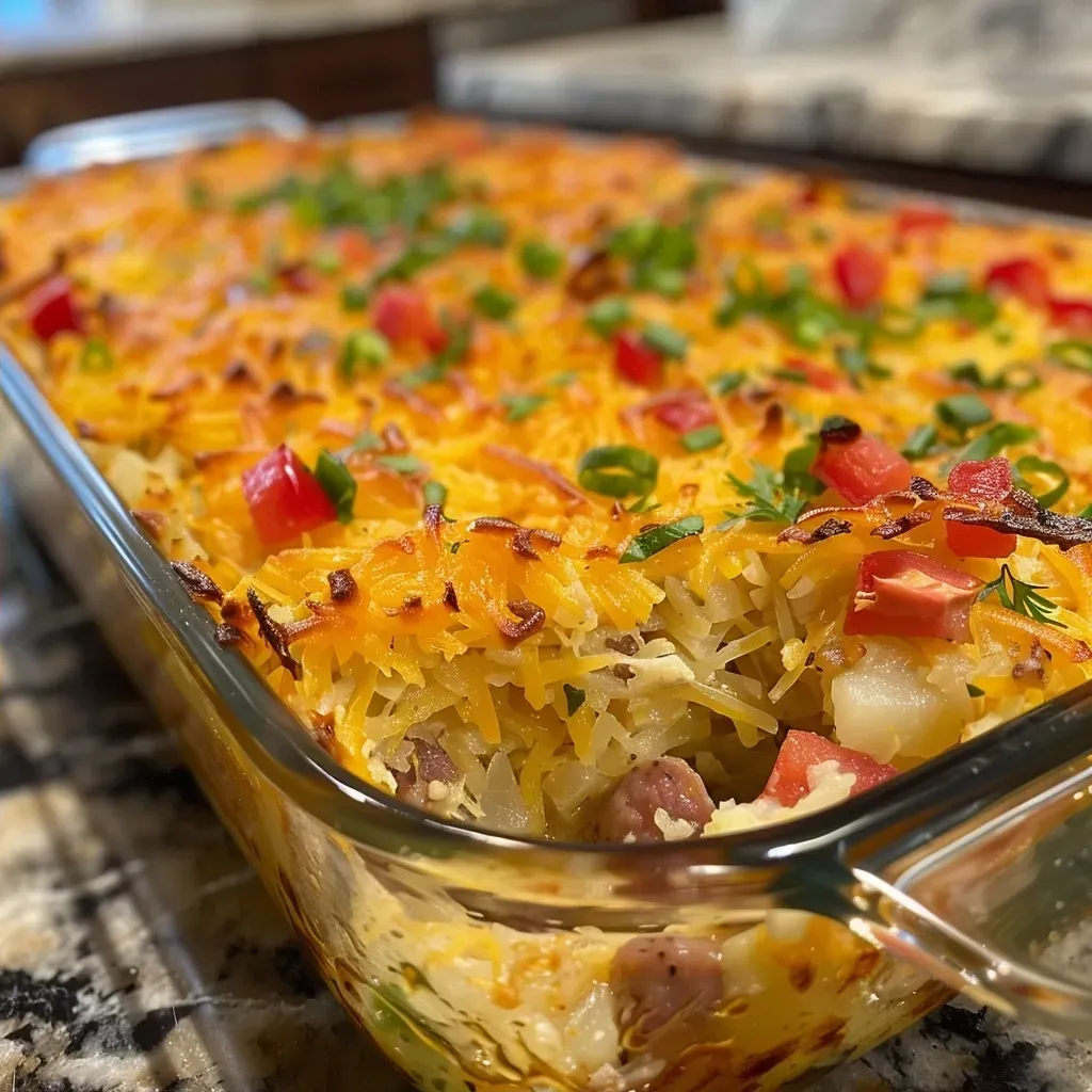['Close-up side view of a delicious hashbrown casserole topped with melted cheese.', 'Juicy hashbrown casserole with diced sausage and vibrant bell peppers, captured in detail.', 'A hearty serving of hashbrown casserole showcasing its creamy texture and golden crust.', 'Side view of a cheesy hashbrown casserole filled with sausage and vegetables, garnished with parsley.']