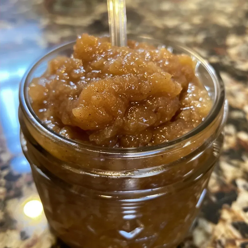 ['Close-up view of healthy apple butter in a jar with a spoon beside it.', 'Creamy apple butter spread on a slice of toast, surrounded by fresh apples.', 'A side view of a bowl of smooth apple butter, showcasing its rich texture.', 'Homemade apple butter in a glass jar with warm spices scattered around it.']