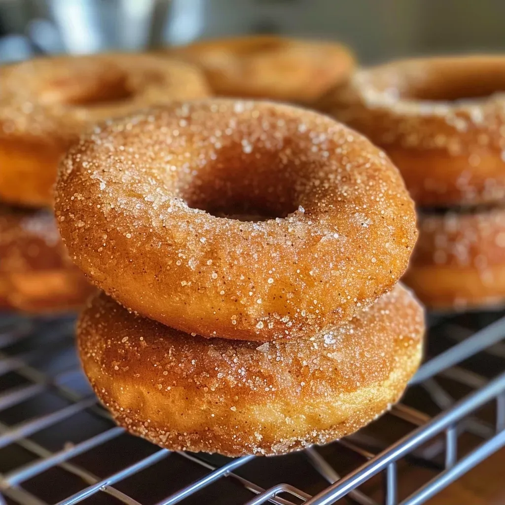 ['Side view of healthy baked apple cider donuts on a wooden table.', 'Close-up shot of golden brown apple cider donuts with a sprinkle of cinnamon.', 'Delicious baked apple cider donuts arranged neatly on a plate.', 'Freshly baked apple cider donuts with a soft texture and cinnamon topping.']