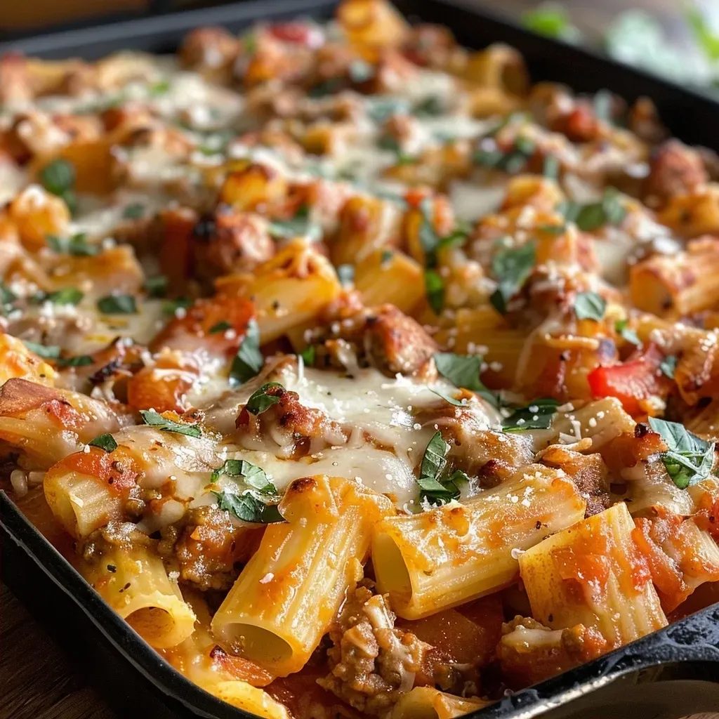 ['Close-up of Healthy Baked Rigatoni with golden melted cheese and vibrant peppers.', 'Side view of a delicious baked rigatoni layered with sausage and bell peppers.', 'Juicy Healthy Baked Rigatoni served in a dish, showcasing pasta, sausage, and cheese.', 'An appetizing plate of Healthy Baked Rigatoni, featuring colorful ingredients and gooey cheese.']