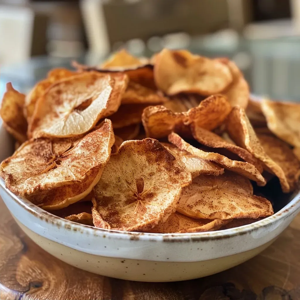 ['Close-up view of thinly sliced cinnamon apple chips arranged on a white plate.', 'Side view of crispy, golden-brown apple chips with a dusting of cinnamon.', 'A bowl filled with healthy cinnamon apple chips on a wooden table.', 'Thin apple slices coated in cinnamon, presented in an appetizing manner.']