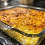 ['Close-up of a golden-brown corn casserole with a creamy texture.', 'Side view of a healthy corn casserole, showcasing its light, fluffy interior.', 'Juicy corn casserole topped with melted butter, presented in a baking dish.', 'Healthy corn casserole made with corn and Greek yogurt, served on a plate.']
