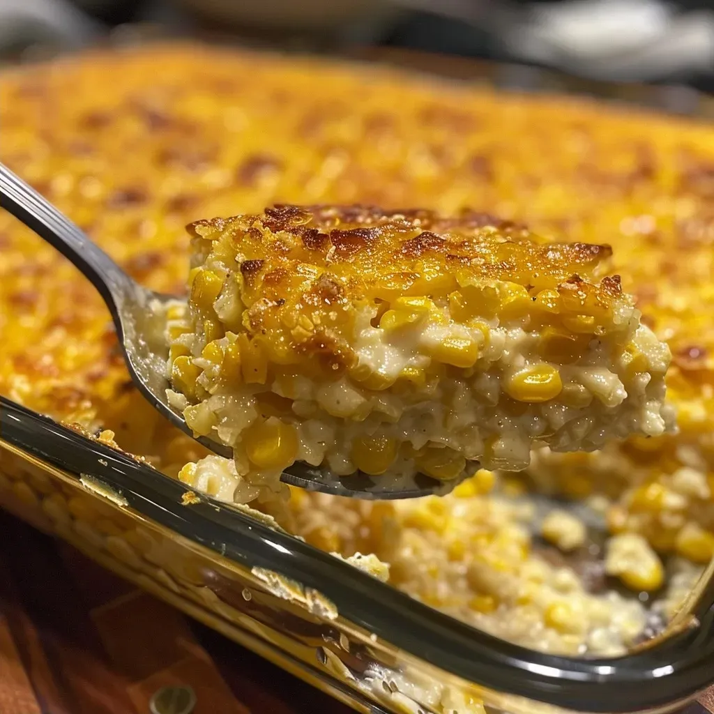 ['Close-up of a golden-brown corn casserole with a creamy texture.', 'Side view of a healthy corn casserole, showcasing its light, fluffy interior.', 'Juicy corn casserole topped with melted butter, presented in a baking dish.', 'Healthy corn casserole made with corn and Greek yogurt, served on a plate.']