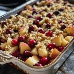 ['Close-up of a healthy cranberry apple crisp, showcasing juicy red cranberries and golden apple chunks.', 'Side view of a baked cranberry apple crisp, with a crunchy oat topping and fresh fruit peeking through.', 'Detailed view of a warm cranberry apple crisp, highlighting the contrasting textures of fruit and crispy oats.', 'Delicious cranberry apple crisp on a plate, featuring layers of tart cranberries and sweet apples.']