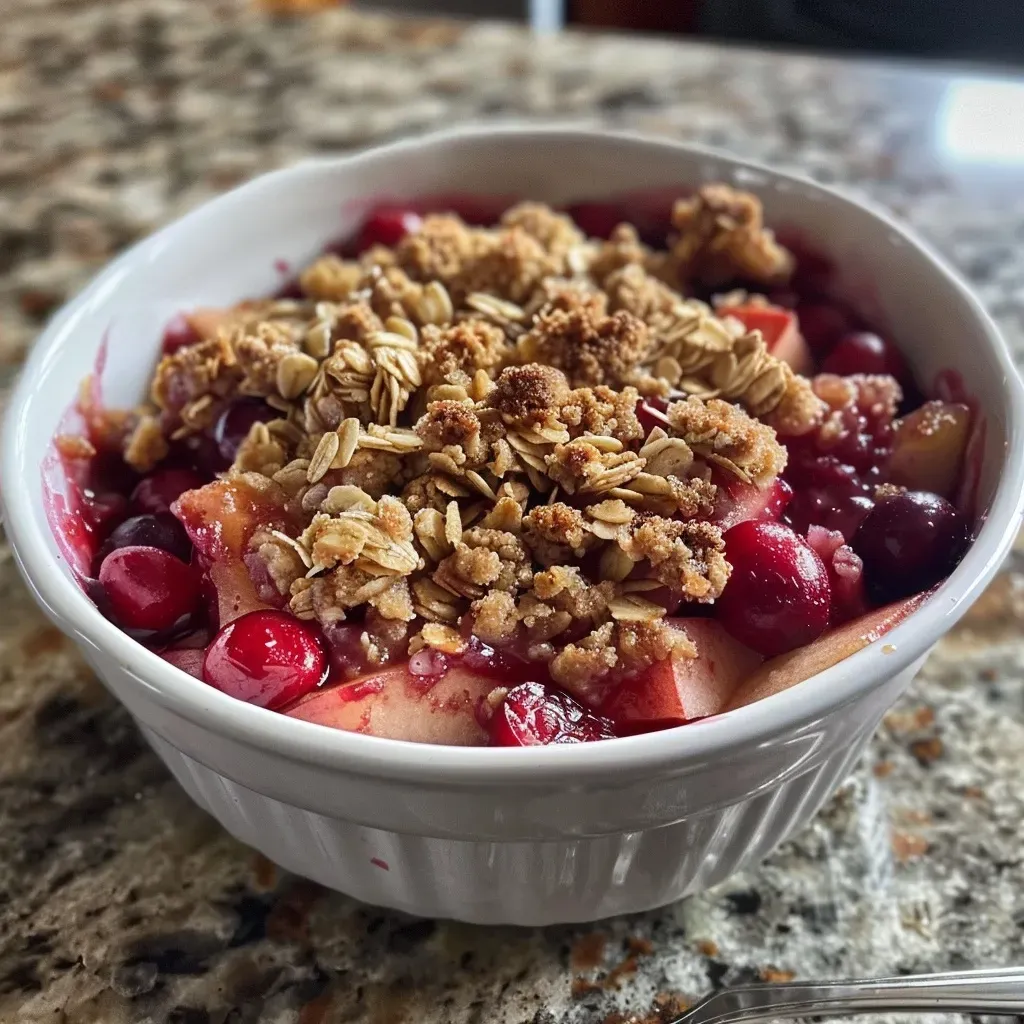 ['Close-up of a healthy cranberry apple crisp, showcasing juicy red cranberries and golden apple chunks.', 'Side view of a baked cranberry apple crisp, with a crunchy oat topping and fresh fruit peeking through.', 'Detailed view of a warm cranberry apple crisp, highlighting the contrasting textures of fruit and crispy oats.', 'Delicious cranberry apple crisp on a plate, featuring layers of tart cranberries and sweet apples.']