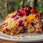 ['Close-up side view of a slice of Healthy Cranberry Orange Pound Cake with cranberries and orange zest visible.', 'A moist slice of Healthy Cranberry Orange Pound Cake showcasing red cranberries and bright orange flecks against a brown cake.', 'Side profile of a healthy slice of pound cake, highlighting the juicy cranberries and vibrant orange zest.', 'Detailed view of a slice of Healthy Cranberry Orange Pound Cake, featuring fresh cranberries and orange zest.']