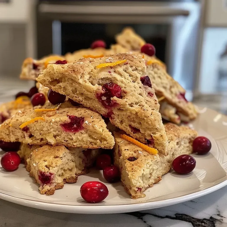 ['Close-up view of golden-brown healthy cranberry orange scones with a glazed finish and visible cranberries.', 'Side view of freshly baked cranberry orange scones showcasing their flaky texture and vibrant orange zest.', 'Juicy cranberry orange scones displayed on a rustic wooden surface, highlighting their rich color and ingredients.', 'Appetizing healthy scones with chunks of cranberries and orange zest, captured in natural light.']