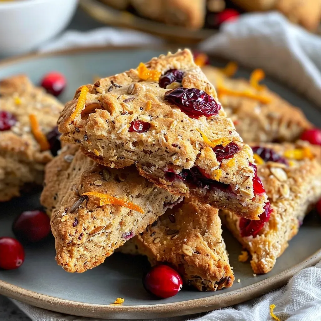 ['Close-up view of golden-brown healthy cranberry orange scones with a glazed finish and visible cranberries.', 'Side view of freshly baked cranberry orange scones showcasing their flaky texture and vibrant orange zest.', 'Juicy cranberry orange scones displayed on a rustic wooden surface, highlighting their rich color and ingredients.', 'Appetizing healthy scones with chunks of cranberries and orange zest, captured in natural light.']