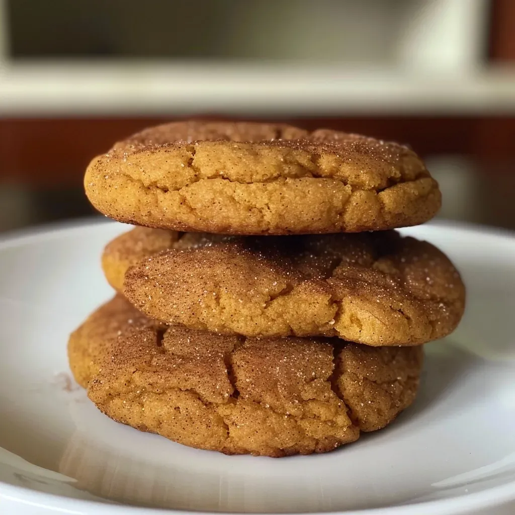 ['Close-up view of healthy gluten-free pumpkin snickerdoodles on a plate.', 'Side view of delicious pumpkin snickerdoodles with a golden-brown exterior.', 'Succulent pumpkin snickerdoodles arranged appetizingly, highlighting their chewy texture.', 'Freshly baked pumpkin snickerdoodles showcasing a sprinkling of cinnamon sugar.']