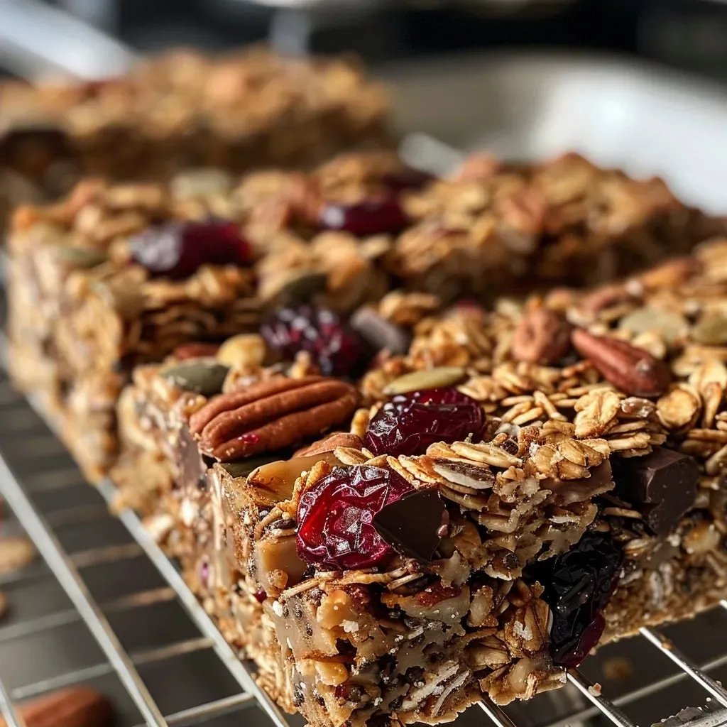['Close-up of homemade granola bars with oats, cranberries, and chocolate chips.', 'Side view of healthy granola bars showcasing their chewy texture and ingredients.', 'A detailed look at granola bars displaying nuts, seeds, and dark chocolate.', 'Colorful granola bars with a variety of textures, including oats and dried fruit.']