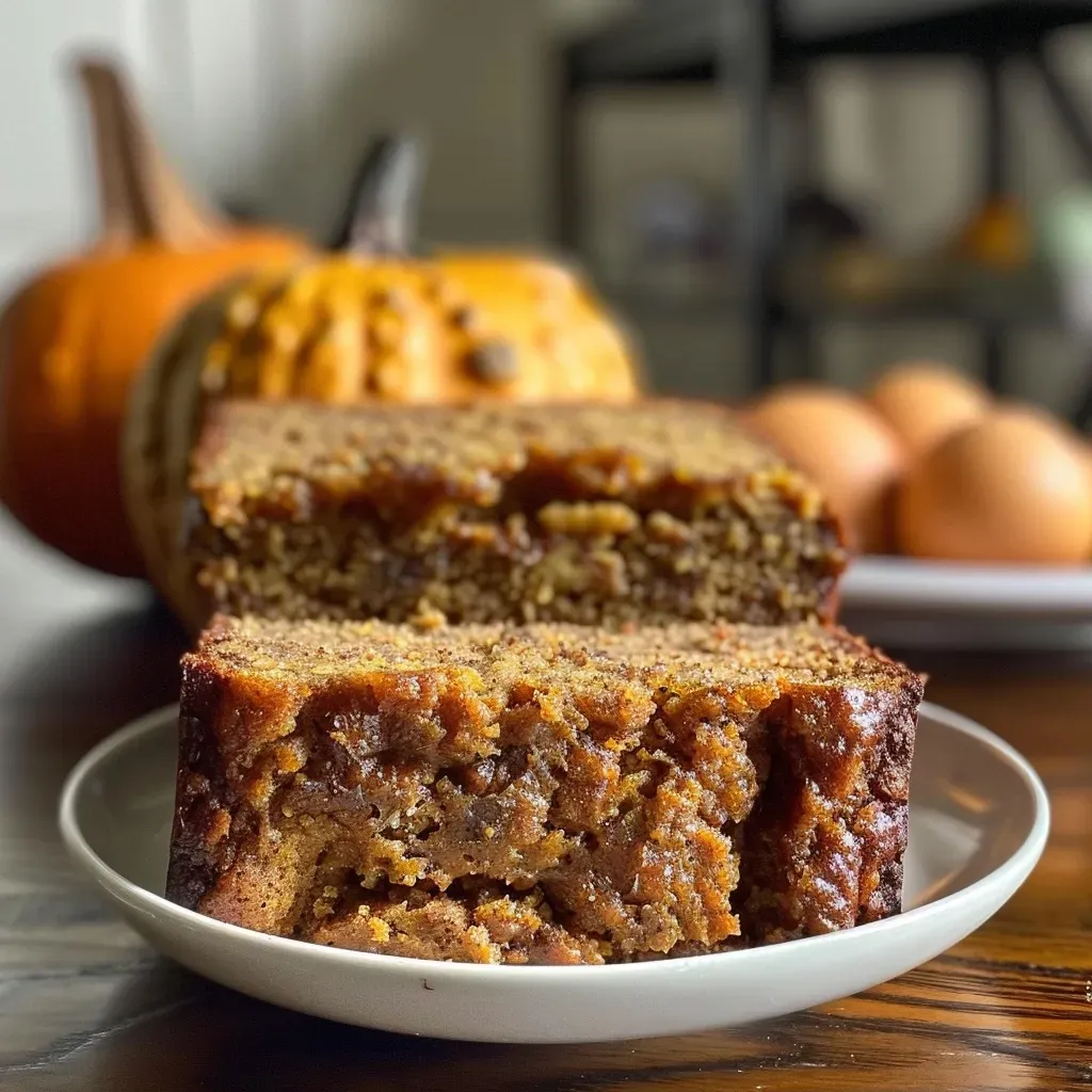 ['Close-up of a slice of moist pumpkin banana bread with a golden-brown crust.', 'Side view of healthy pumpkin banana bread showing texture and ingredients.', 'A juicy slice of no-added-sugar pumpkin banana bread on a wooden surface.', 'Delicious pumpkin banana bread with a rich, spiced topping served on a plate.']