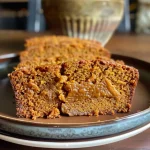 ['Close-up shot of healthy pumpkin bread drizzled with maple glaze.', 'Side view of moist pumpkin bread topped with shiny maple glaze.', 'Juicy slice of pumpkin bread with a glossy maple glaze on a wooden table.', 'Detailed view of pumpkin bread showcasing its texture and maple glaze.']