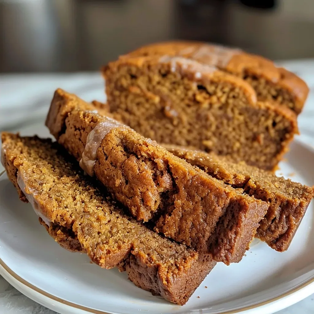 ['Close-up shot of healthy pumpkin bread drizzled with maple glaze.', 'Side view of moist pumpkin bread topped with shiny maple glaze.', 'Juicy slice of pumpkin bread with a glossy maple glaze on a wooden table.', 'Detailed view of pumpkin bread showcasing its texture and maple glaze.']