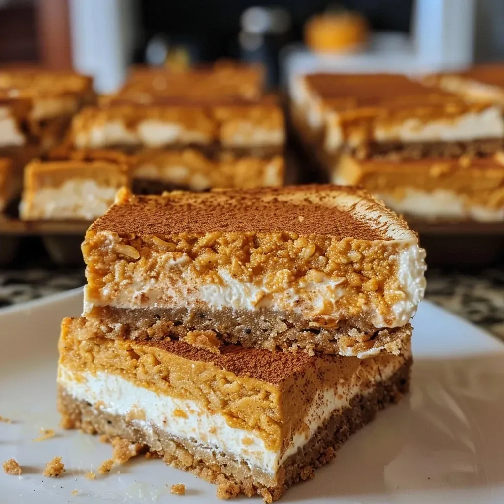 ['Close-up of Healthy Pumpkin Cheesecake Bars with a golden crust and creamy topping.', 'Side view of delicious Healthy Pumpkin Cheesecake Bars showcasing layers and texture.', 'Juicy Healthy Pumpkin Cheesecake Bars arranged on a plate, highlighting their rich colors.', 'Healthy Pumpkin Cheesecake Bars with a smooth cream cheese layer and spice dusting.']