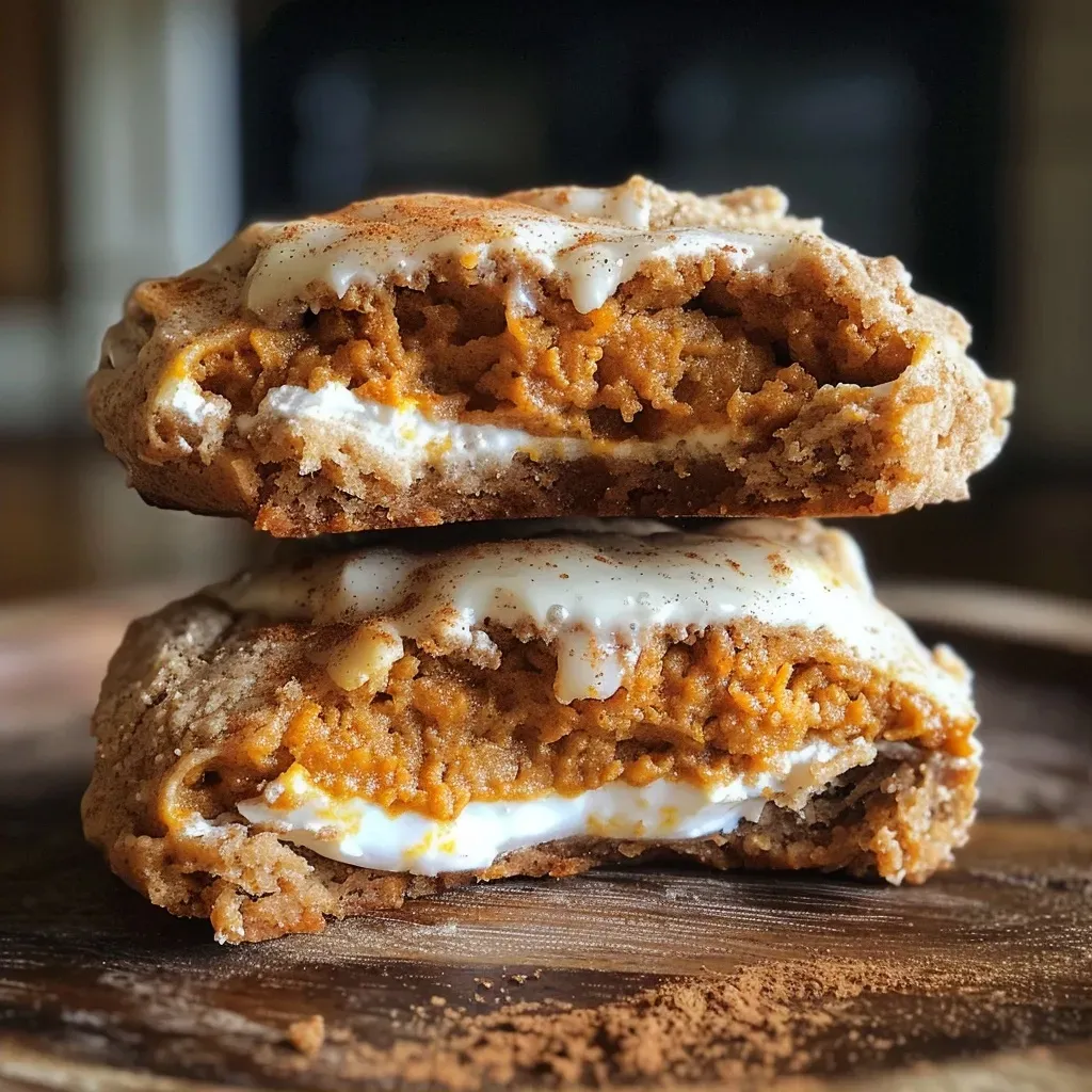 ['Close-up view of healthy pumpkin cheesecake cookies with a smooth texture and golden-brown color.', 'Side view of freshly baked pumpkin cheesecake cookies, showcasing their deliciously soft and moist interiors.', 'Juicy, golden pumpkin cheesecake cookies arranged on a plate, highlighting their appealing texture and color.', 'Detailed side photo of pumpkin cheesecake cookies with a creamy topping, emphasizing their inviting appearance.']