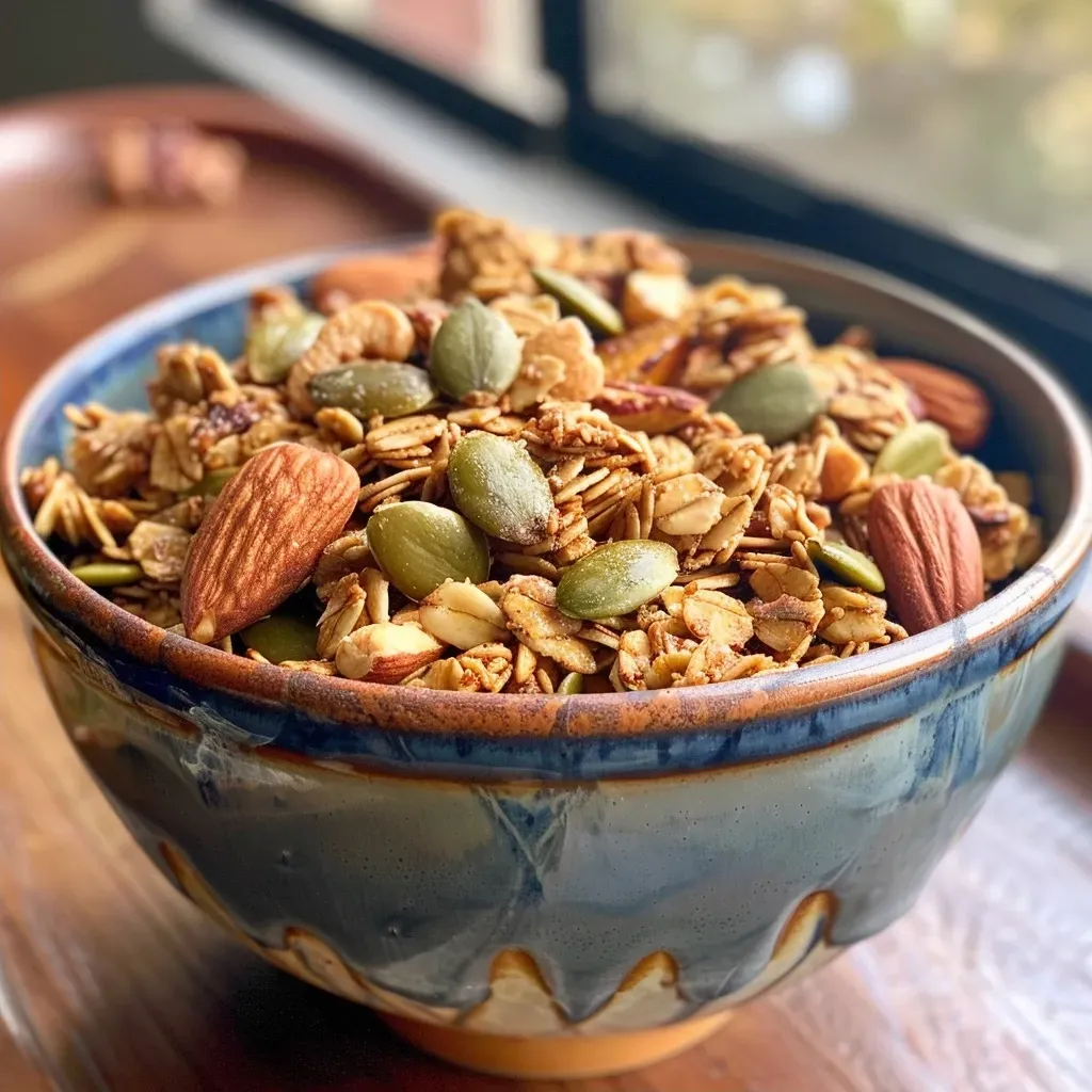 ['Close-up view of a bowl of Healthy Pumpkin Spice Granola with pumpkin seeds and cashews.', 'Side view of Healthy Pumpkin Spice Granola showcasing its crunchy texture and colorful ingredients.', 'Healthy Pumpkin Spice Granola in a bowl, featuring oats, nuts, and spices, captured with an iPhone 15 Pro.', 'Detailed shot of vegan and gluten-free pumpkin spice granola, highlighting pumpkin seeds and almond butter.']