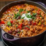 ['A close-up view of a bowl filled with Healthy Turkey Chili, showcasing vibrant colors from bell peppers and topped with cheese.', 'A side view of a hearty bowl of turkey chili, featuring beans and garnished with chopped chives and cilantro.', 'A close-up of Healthy Turkey Chili in a bowl, highlighting the texture of ground turkey and colorful vegetables.', 'Side view of a delicious turkey chili dish, garnished with sour cream and fresh herbs.']