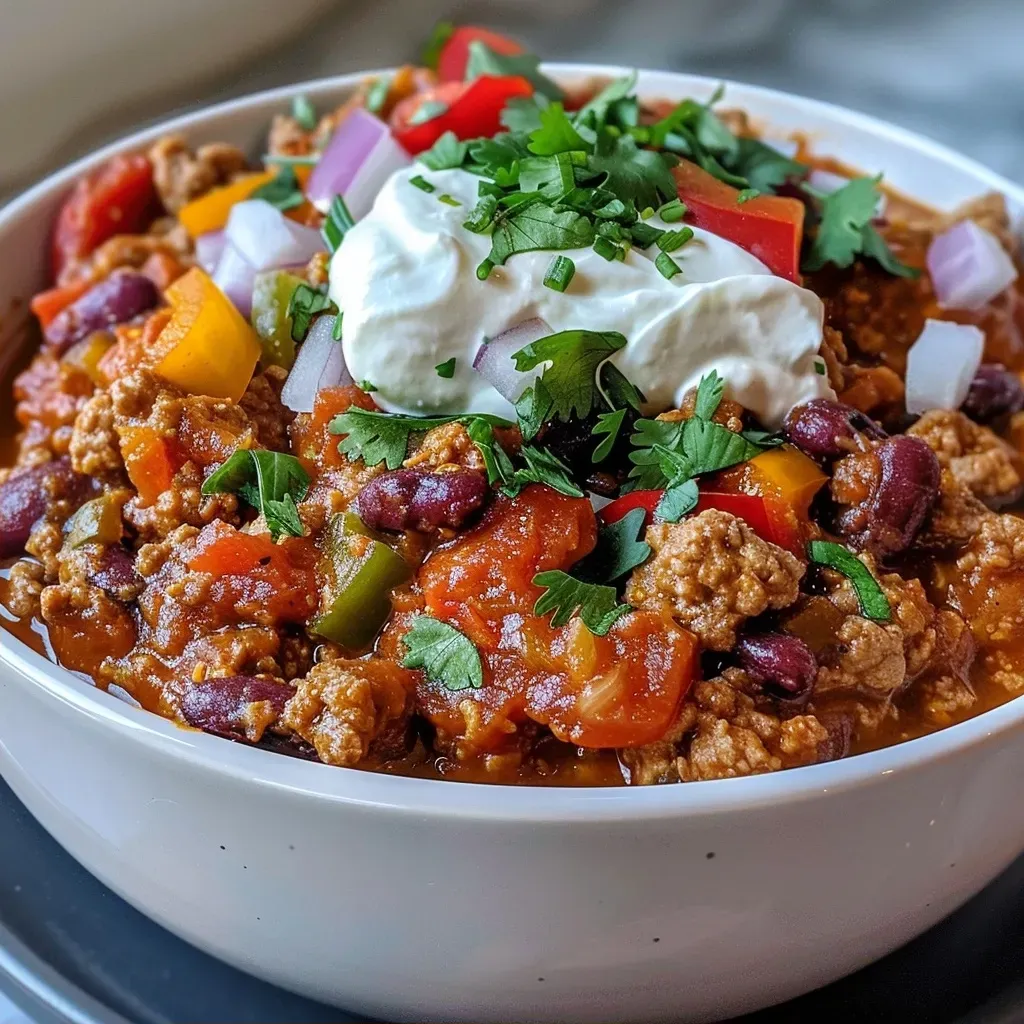 ['A close-up view of a bowl filled with Healthy Turkey Chili, showcasing vibrant colors from bell peppers and topped with cheese.', 'A side view of a hearty bowl of turkey chili, featuring beans and garnished with chopped chives and cilantro.', 'A close-up of Healthy Turkey Chili in a bowl, highlighting the texture of ground turkey and colorful vegetables.', 'Side view of a delicious turkey chili dish, garnished with sour cream and fresh herbs.']