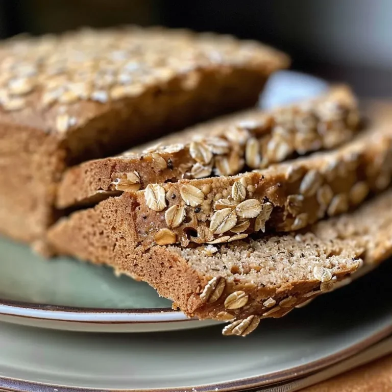 ['Side view of a loaf of healthy vegan oatmeal bread, showcasing a golden-brown crust.', 'Close-up of freshly baked vegan oatmeal bread with visible oats on the surface.', 'Slice of healthy vegan oatmeal bread, highlighting its texture and color.', 'Whole loaf of vegan oatmeal bread positioned on a rustic wooden table.']