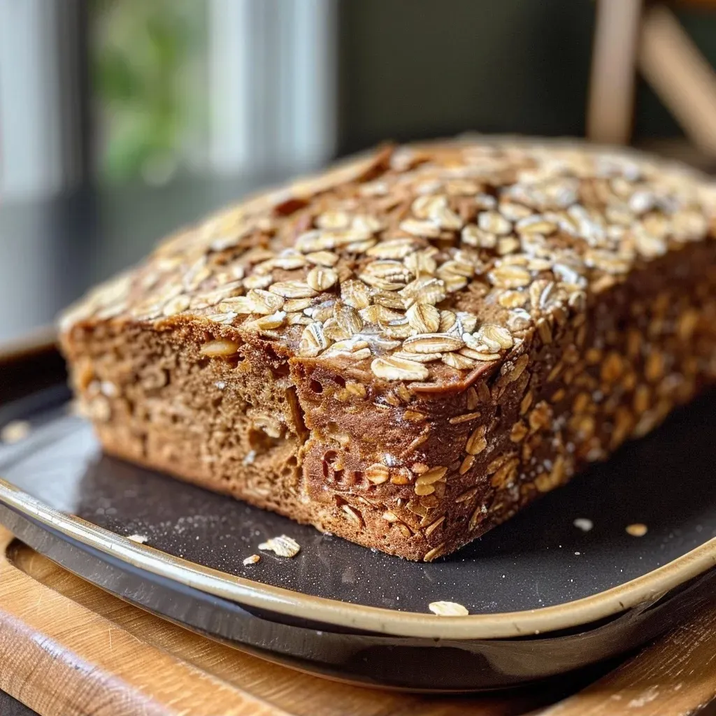 ['Side view of a loaf of healthy vegan oatmeal bread, showcasing a golden-brown crust.', 'Close-up of freshly baked vegan oatmeal bread with visible oats on the surface.', 'Slice of healthy vegan oatmeal bread, highlighting its texture and color.', 'Whole loaf of vegan oatmeal bread positioned on a rustic wooden table.']